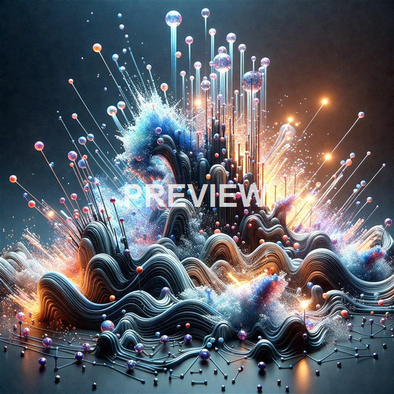 The image depicts a highly detailed and colorful abstract digital artwork resembling a cosmic explosion or a fantastical landscape with flowing, layered structures, glowing spheres, and streaks of light against a dark background.